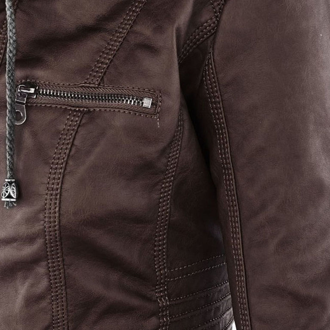 Veste de motard marron, poche avant zippée et coutures sur le buste