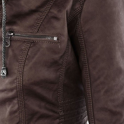 Veste de motard marron, poche avant zippée et coutures sur le buste