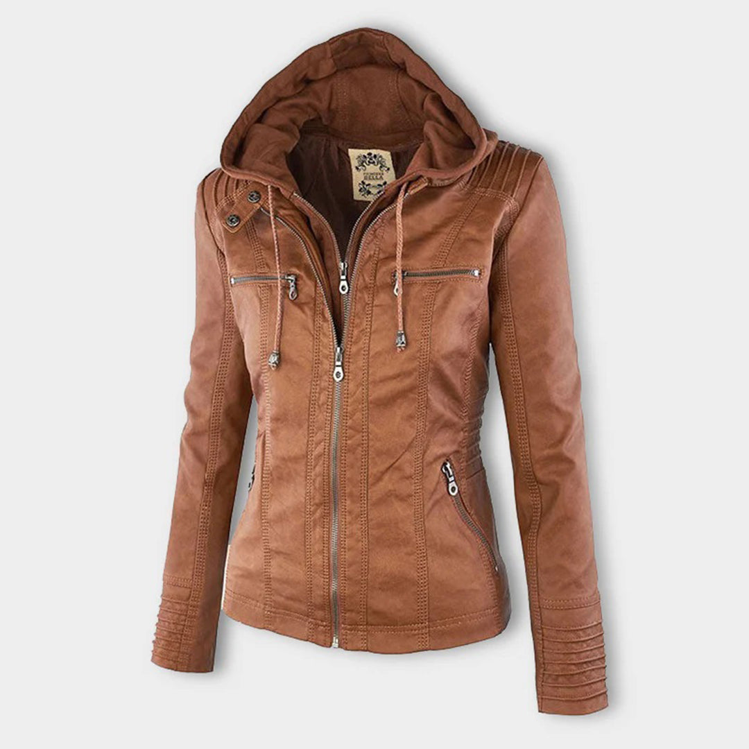 Veste de motard café-brun à capuche, zips décoratifs et poignets côtelés