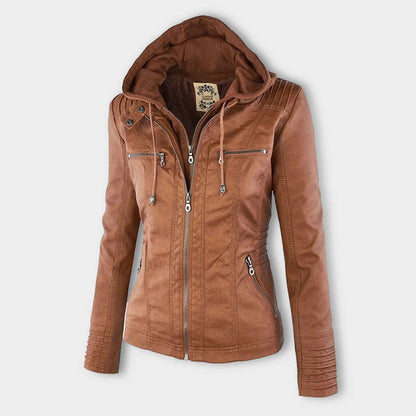Veste de motard café-brun à capuche, zips décoratifs et poignets côtelés