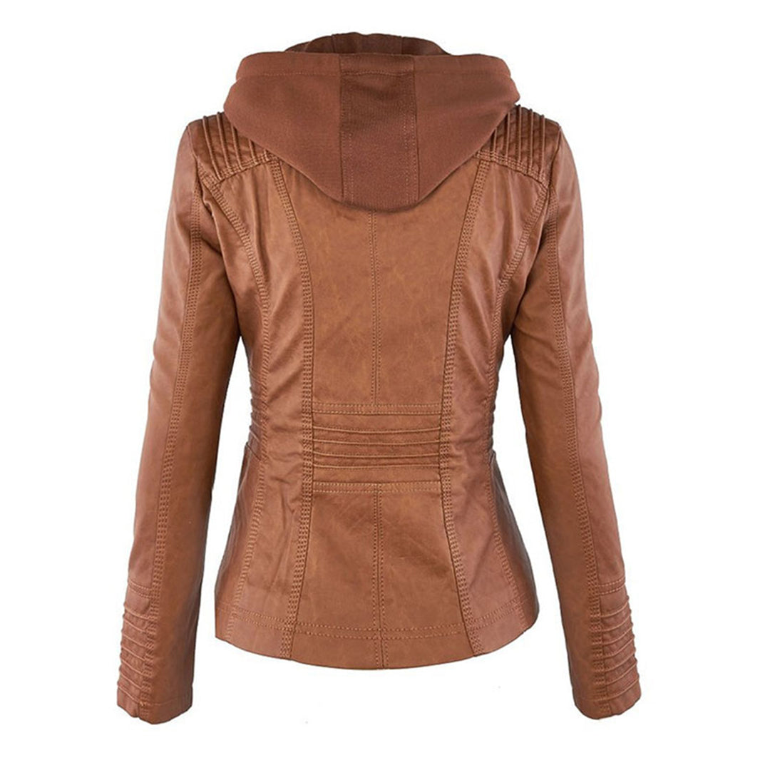 Veste de motard café-brun, vue dos avec capuche et surpiqûres