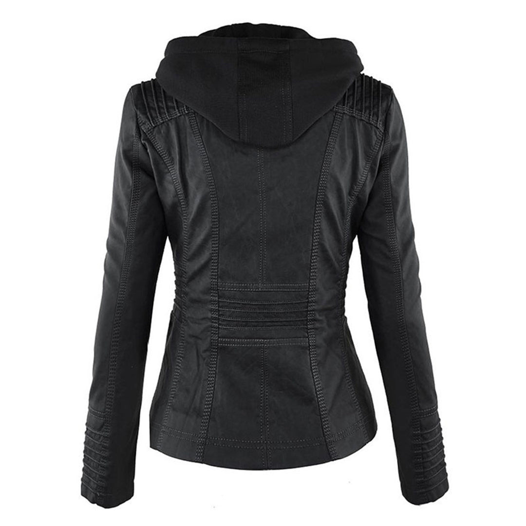 Veste de motard noire, vue dos avec capuche et surpiqûres horizontales