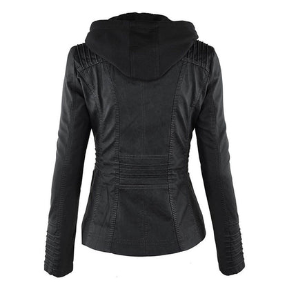 Veste de motard noire, vue dos avec capuche et surpiqûres horizontales
