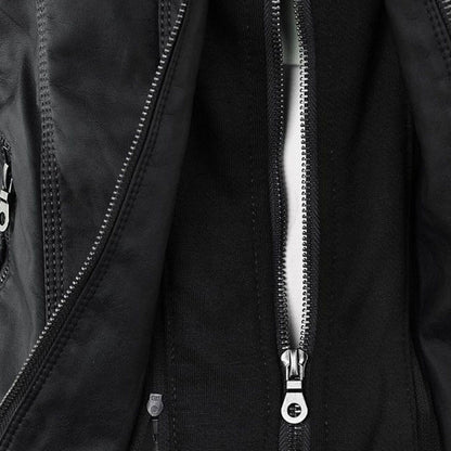 Veste de motard : fermeture éclair centrale argentée, détails de couture sur tissu noir