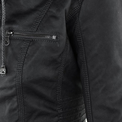 Veste de motard noire avec poche poitrine zippée rectangulaire et coutures renforcées