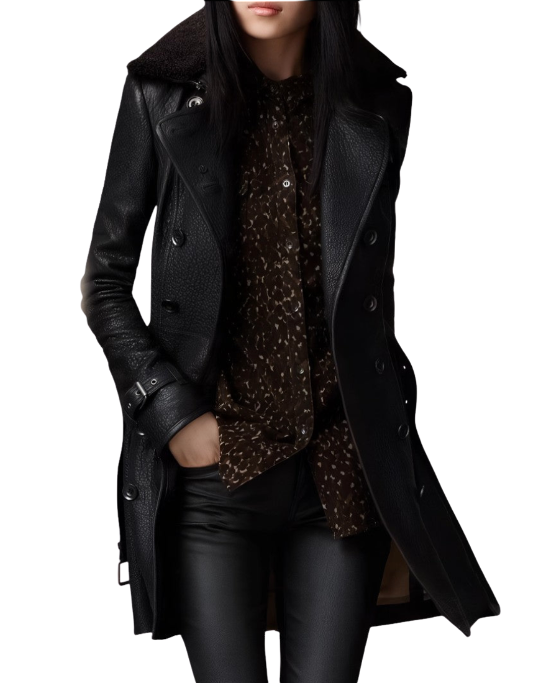 Trench-coat noir à manches longues, boutonnage double et col, coupe mi-longue