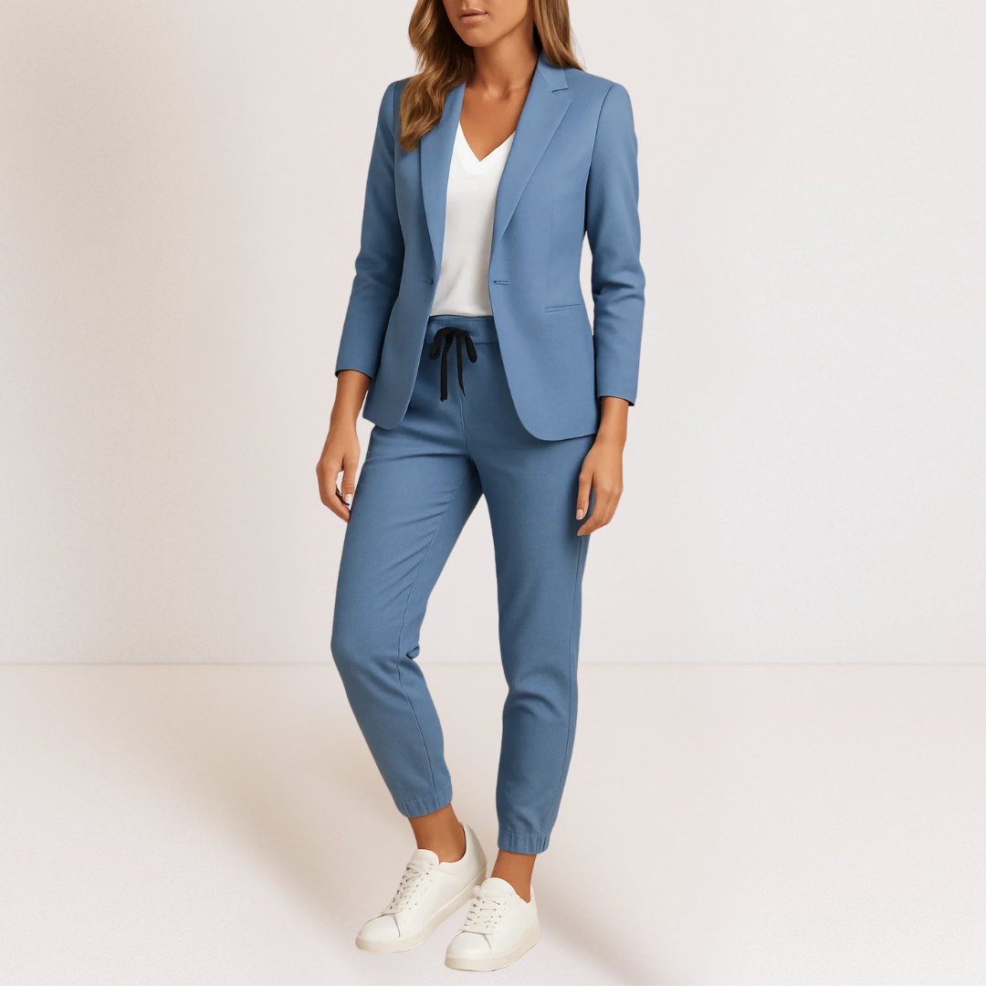 Costume deux pièces bleu : veste à boutonnage discret et pantalon jogger ajusté