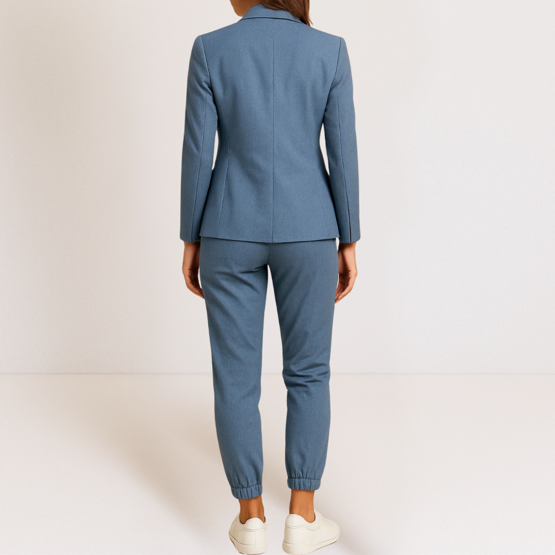 Costume deux pièces bleu vu de dos : veste boutonnée et pantalon jogger à lacets