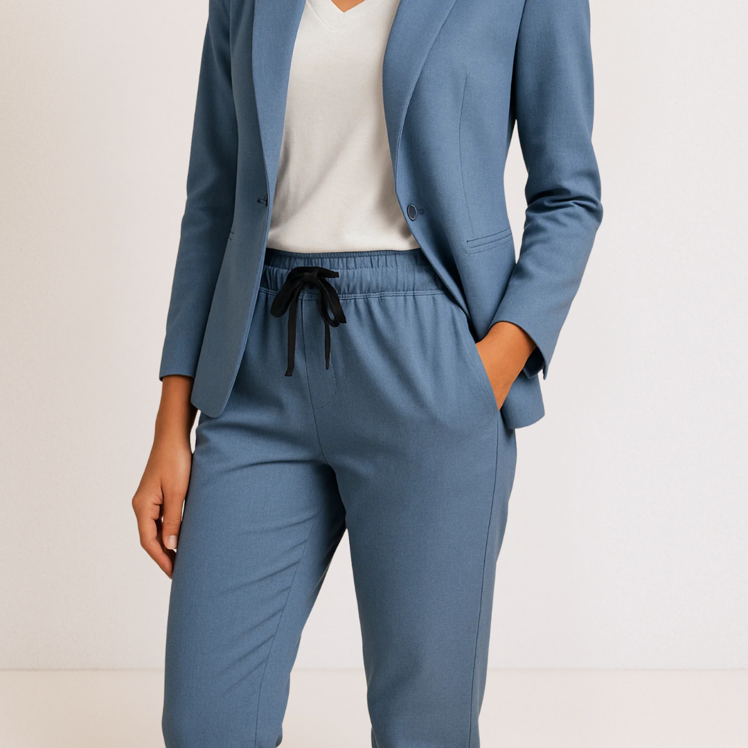 Ensemble deux pièces bleu : veste manches trois-quarts et pantalon à lacets