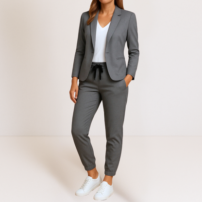 Costume deux pièces gris : veste col revers et pantalon jogger à lacets