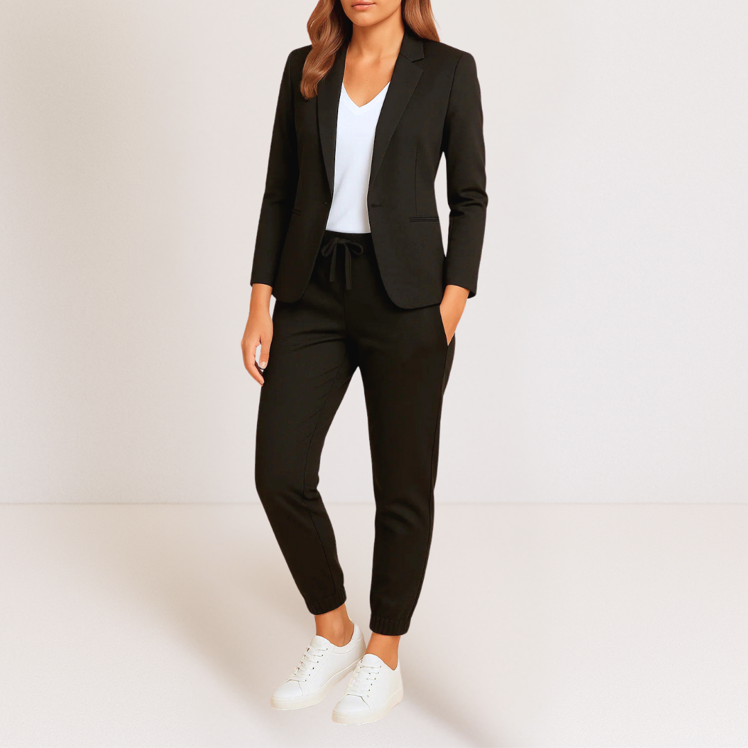 Costume deux pièces noir : veste col revers et pantalon jogger à lacets