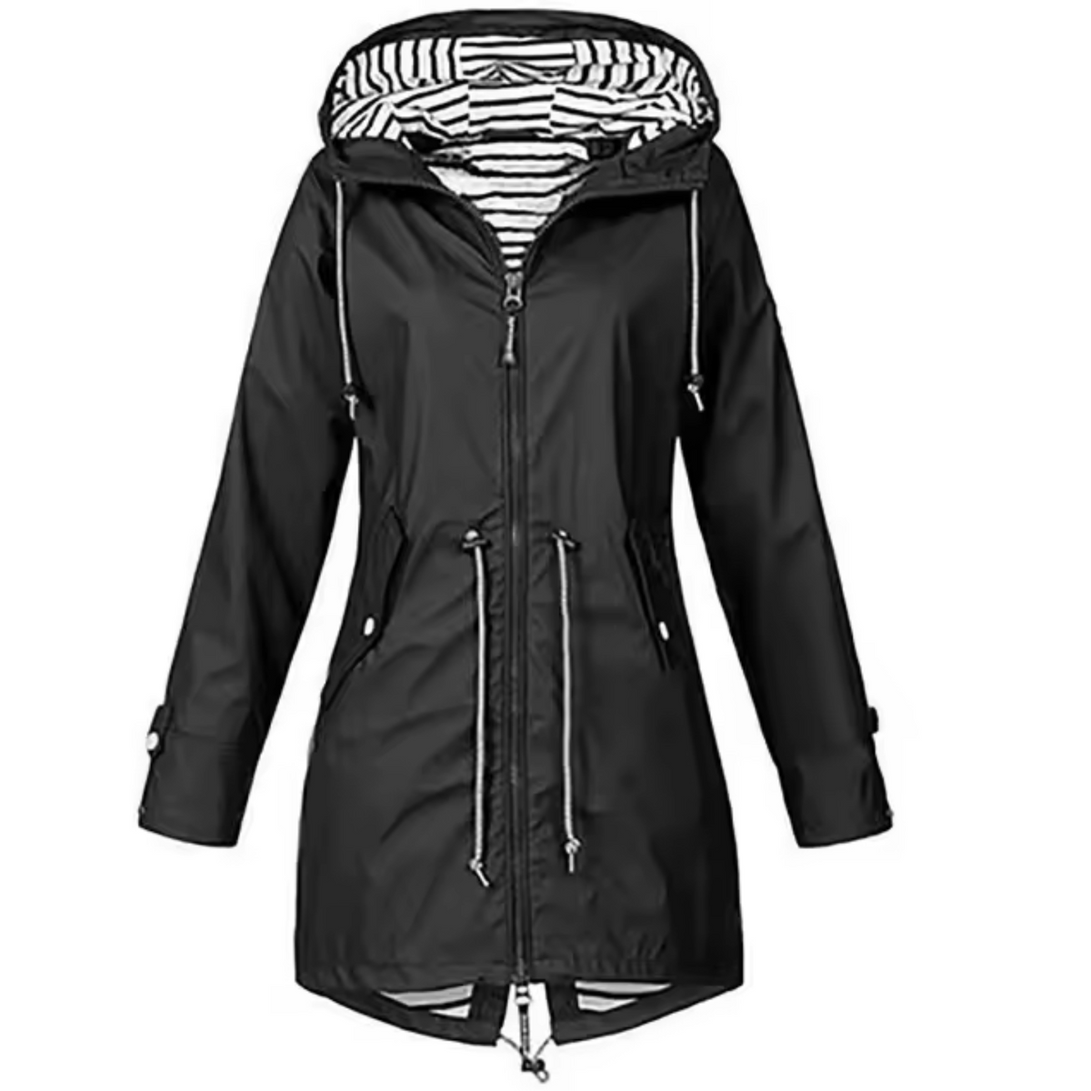 Veste imperméable noire à capuche, fermeture zippée et cordons aux poignets.