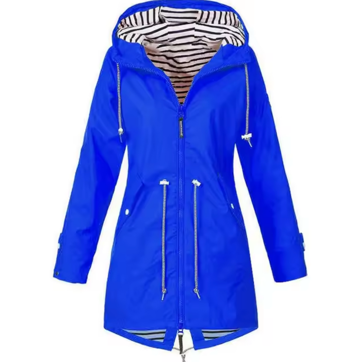 Veste imperméable bleue à capuche, zip central, cordons de serrage et poches.