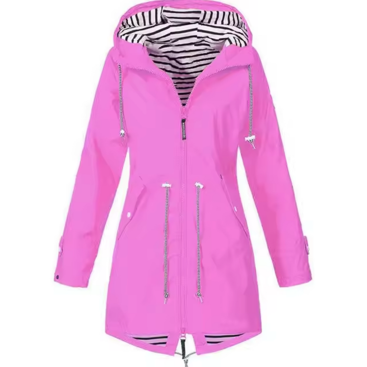 Veste imperméable rose à capuche, fermeture zippée, cordons pendants et poches.