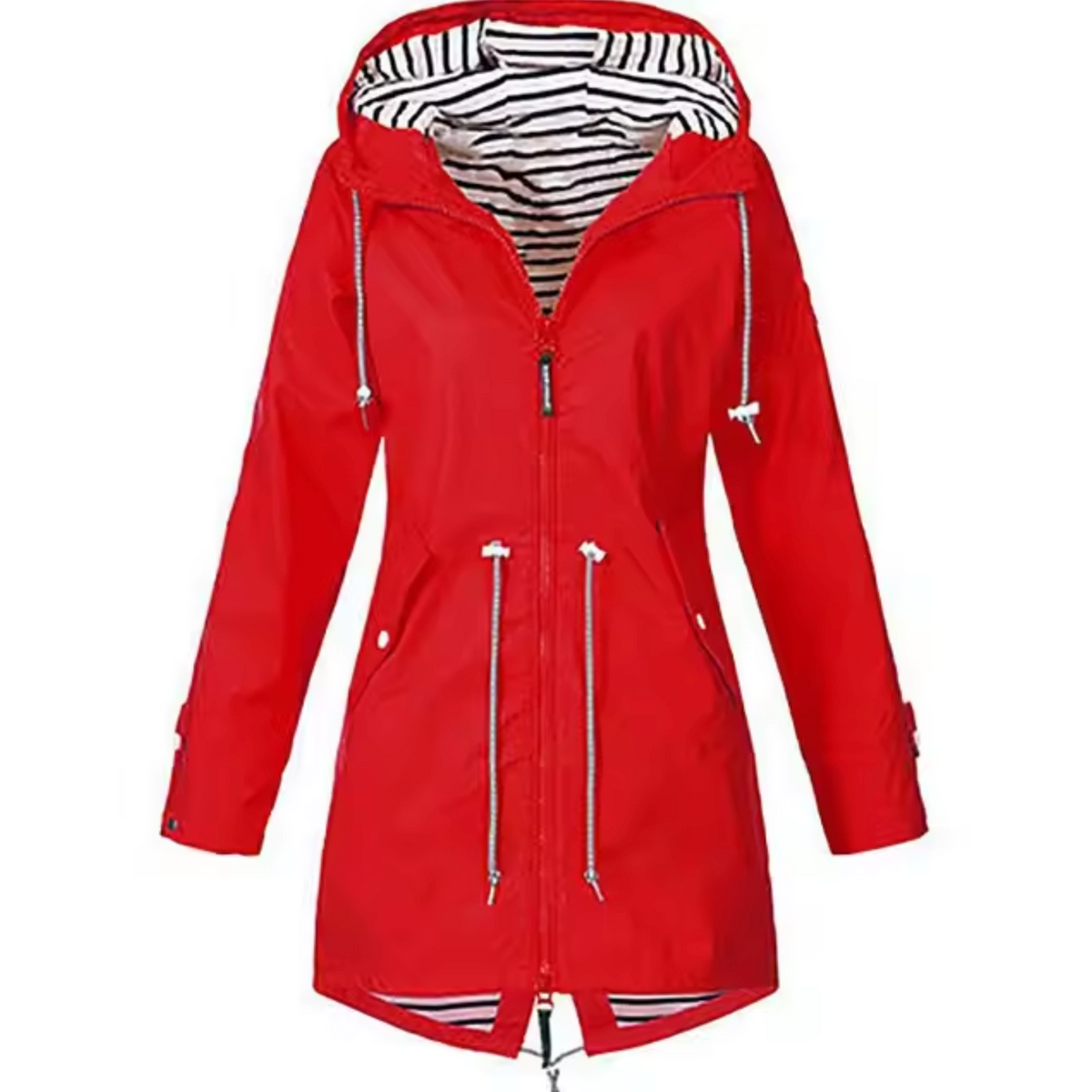 Veste imperméable rouge à capuche, zip central, cordons de serrage et poches.