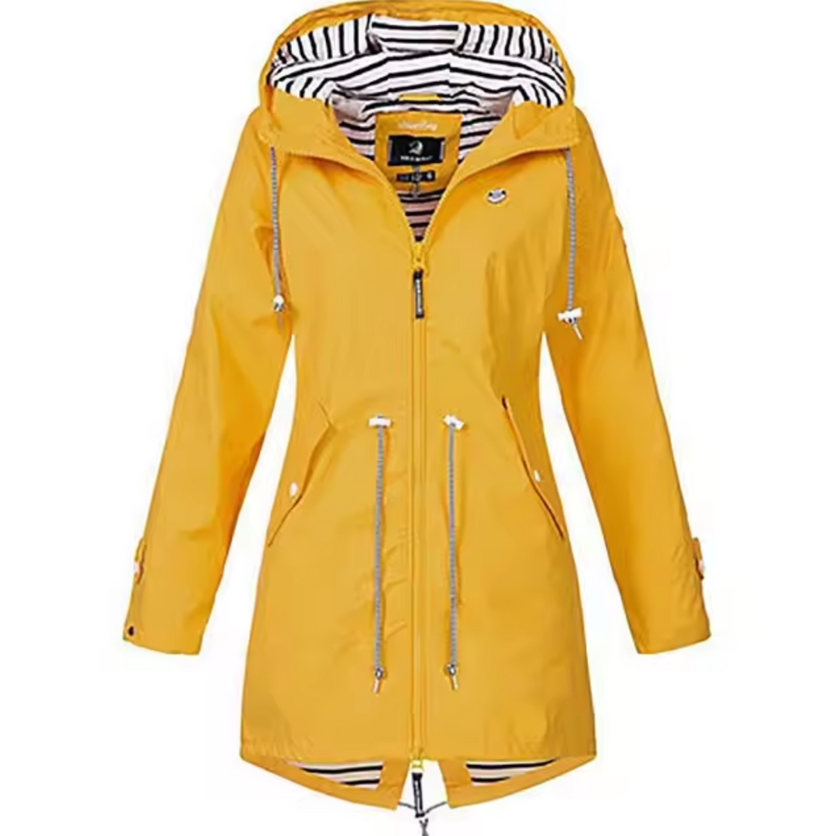 Veste imperméable jaune à capuche, fermeture zippée, cordons pendants et poches.