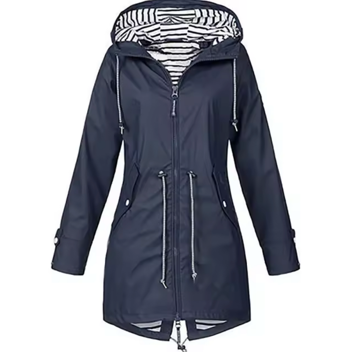 Veste imperméable bleu marine à capuche, zip central, cordons de serrage et poches.