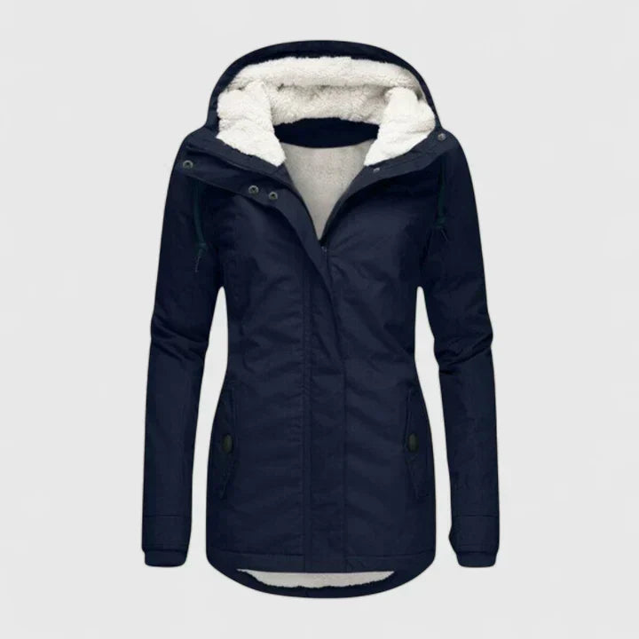 Manteau bleu foncé à capuche doublée, fermeture zippée et poches boutonnées