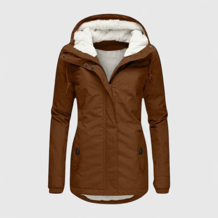 Manteau marron à capuche doublée en fourrure, fermeture zippée, poches