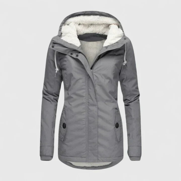 Manteau gris à capuche doublée, fermeture zippée, poches latérales