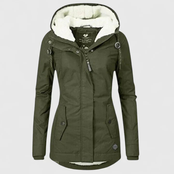 Manteau vert olive à capuche doublée, fermeture zippée, poches latérales