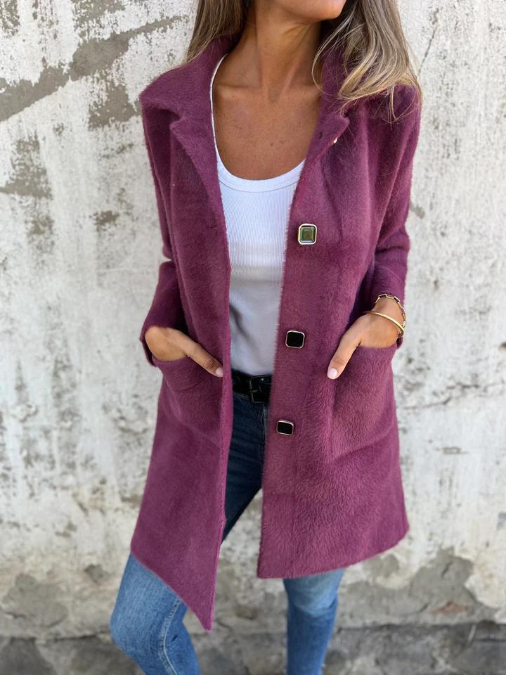 Manteau d’hiver violet à col châle, fermeture boutonnée, poches latérales