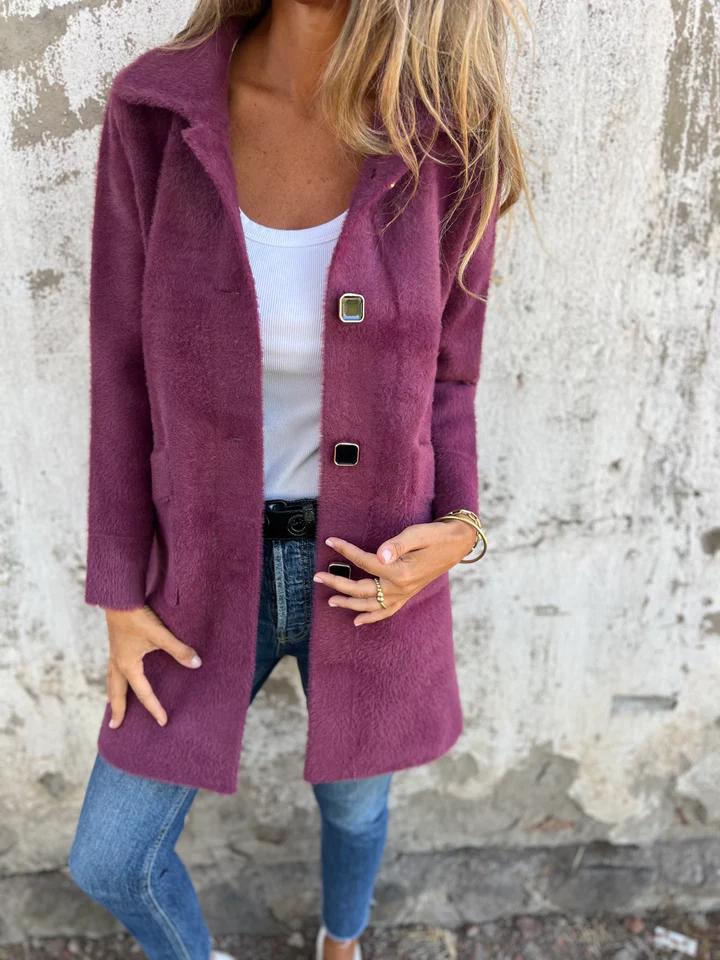 Manteau d’hiver violet à col châle, fermeture boutonnée, poches plaquées