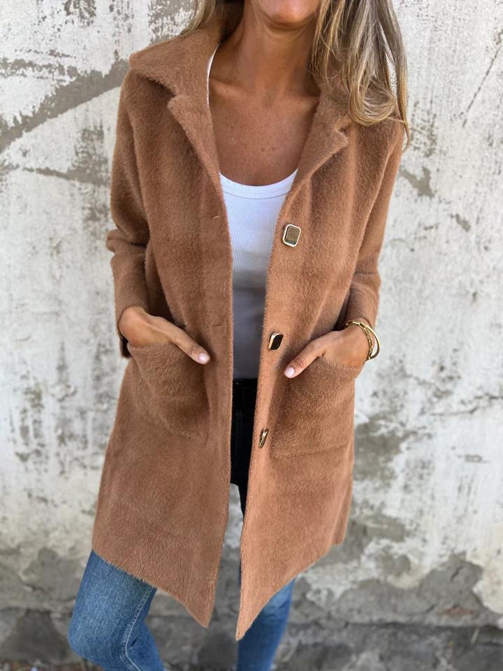 Manteau d’hiver brun à col châle, boutons carrés, poches avant