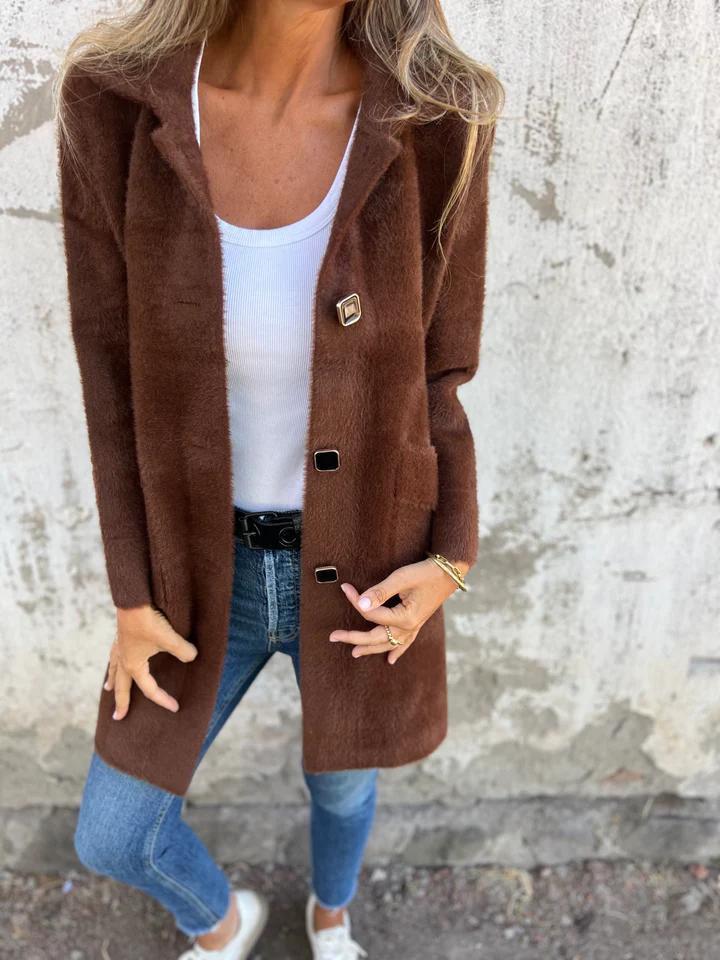 Manteau d’hiver brun à col châle, boutons décoratifs, poches plaquées