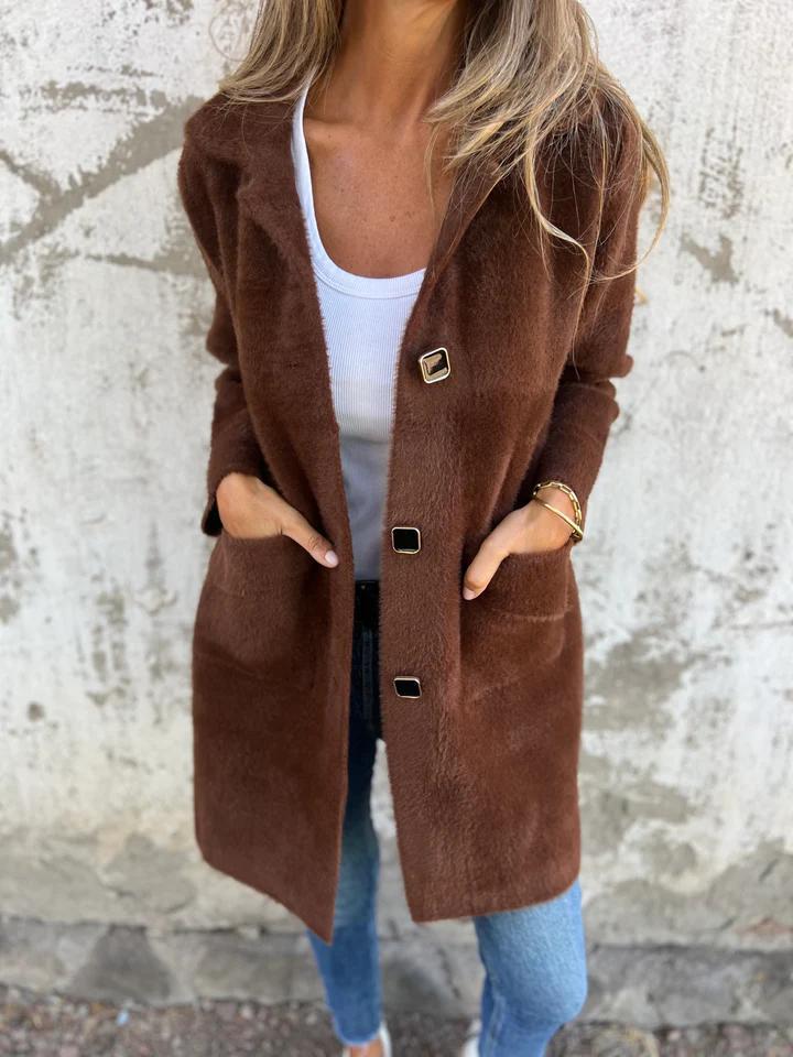 Manteau d’hiver brun à col châle, fermeture boutonnée, poches pratiques