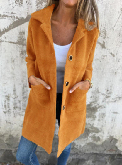 Manteau d’hiver orange à col châle, boutons carrés, poches latérales