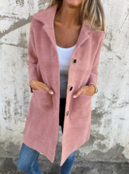 Manteau d’hiver rose poudré à col châle, fermeture boutonnée, poches