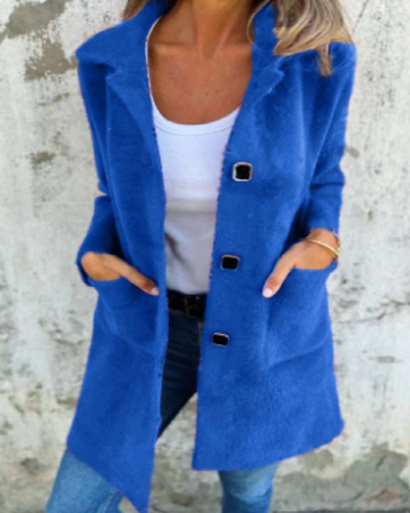 Manteau d’hiver bleu à col châle, fermeture boutonnée, poches sur les côtés
