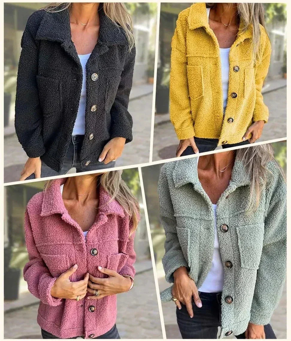 Veste en fausse fourrure à boutons, portée en noir, rose, jaune et vert