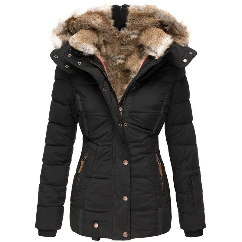 Manteau d’hiver noir à capuche fourrée amovible et fermeture boutonnée
