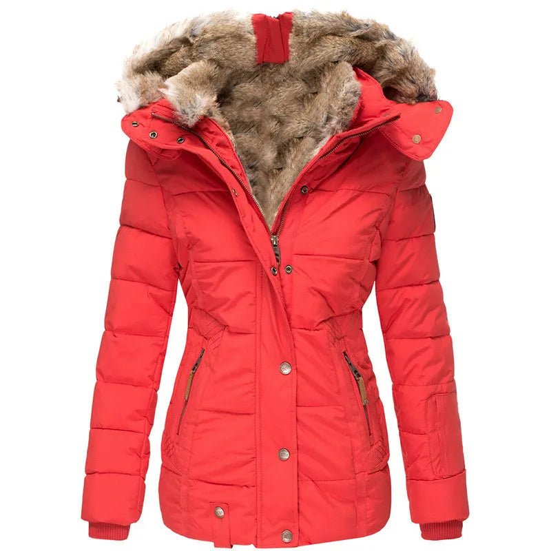 Manteau d’hiver rouge à capuche fourrée et fermeture boutonnée