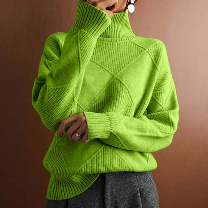 Pull col roulé côtelé vert, motif croisé en losanges, manches longues