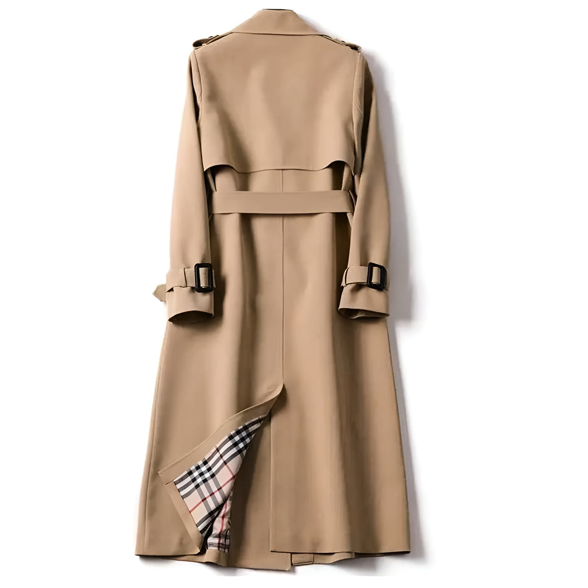 Trench-coat beige avec col inversé, ceinture et patte boutonnée, fente arrière.