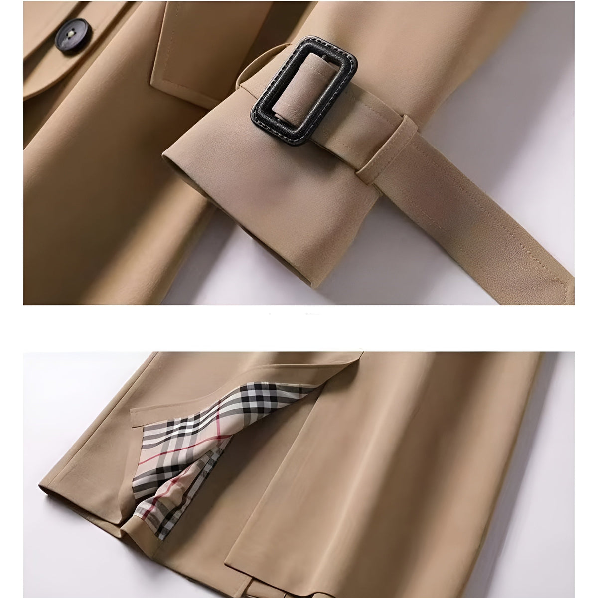 Trench-coat beige : détail ceinture et boucle, patte d’épaule, doublure à carreaux.
