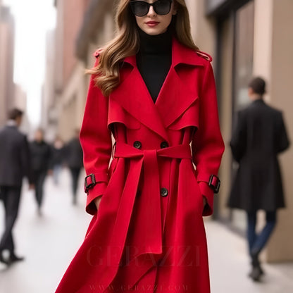 Trench-coat rouge à col pointu, ceinture nouée, boutons noirs et manches retroussées.