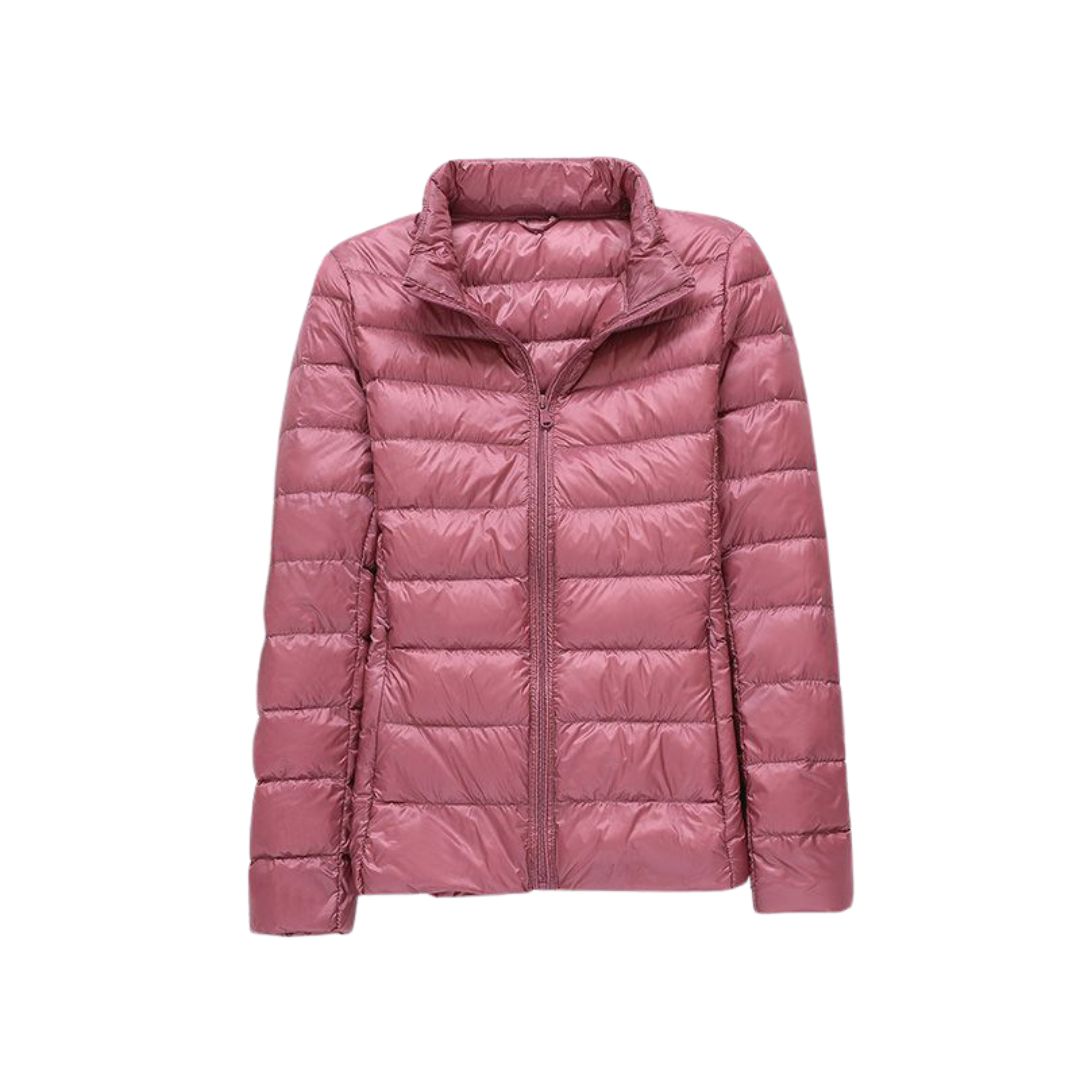 Veste matelassée ultra légère élégante rose poudré, col montant et zip