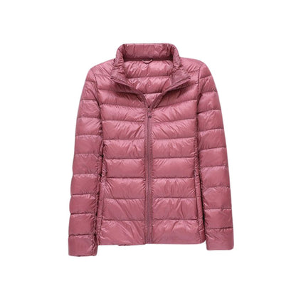 Veste matelassée ultra légère élégante rose poudré, col montant et zip