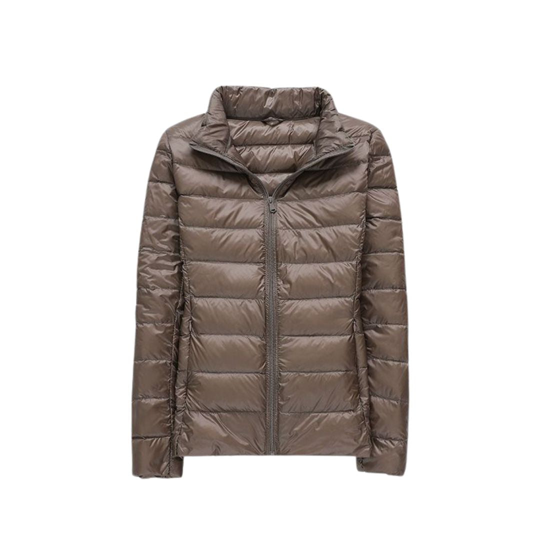 Veste matelassée ultra légère élégante marron taupe, col montant, zip