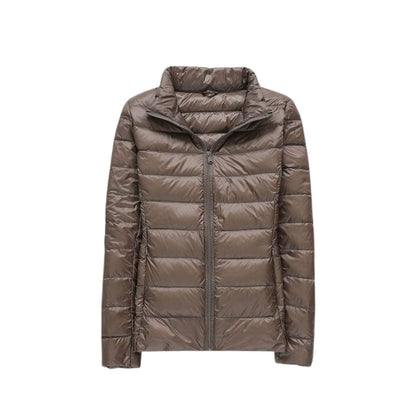 Veste matelassée ultra légère élégante marron taupe, col montant, zip
