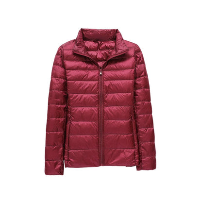 Veste matelassée ultra légère élégante bordeaux, col montant, zip frontal