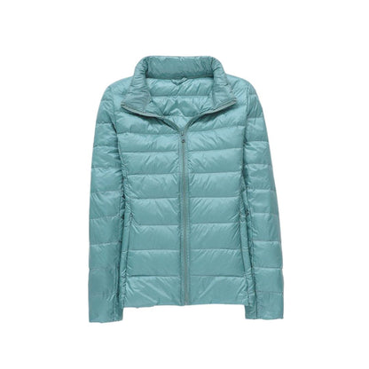 Veste matelassée ultra légère élégante bleu clair, col montant, zip frontal