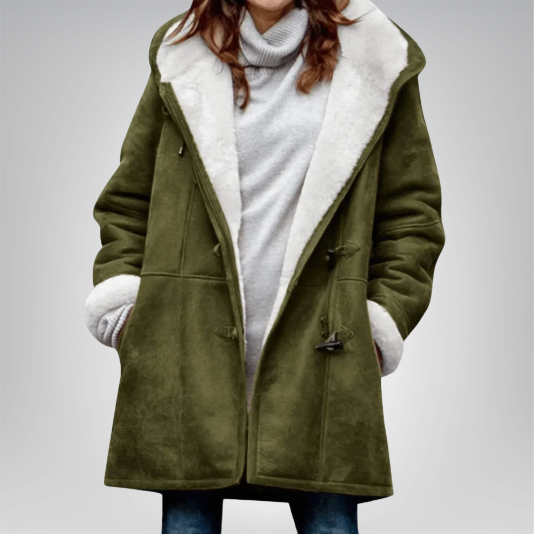 Veste longue en polaire vert olive avec col en fausse fourrure, capuche et boutons-pattes