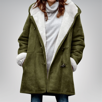Veste longue en polaire vert olive avec col en fausse fourrure, capuche et boutons-pattes