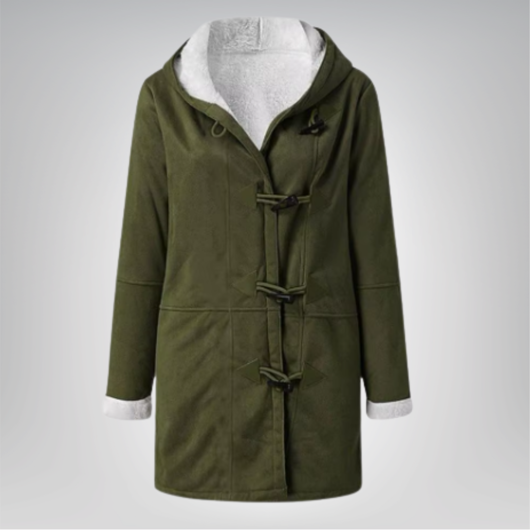 Veste longue en polaire vert olive, capuche, fermeture à patte avec trois œillets