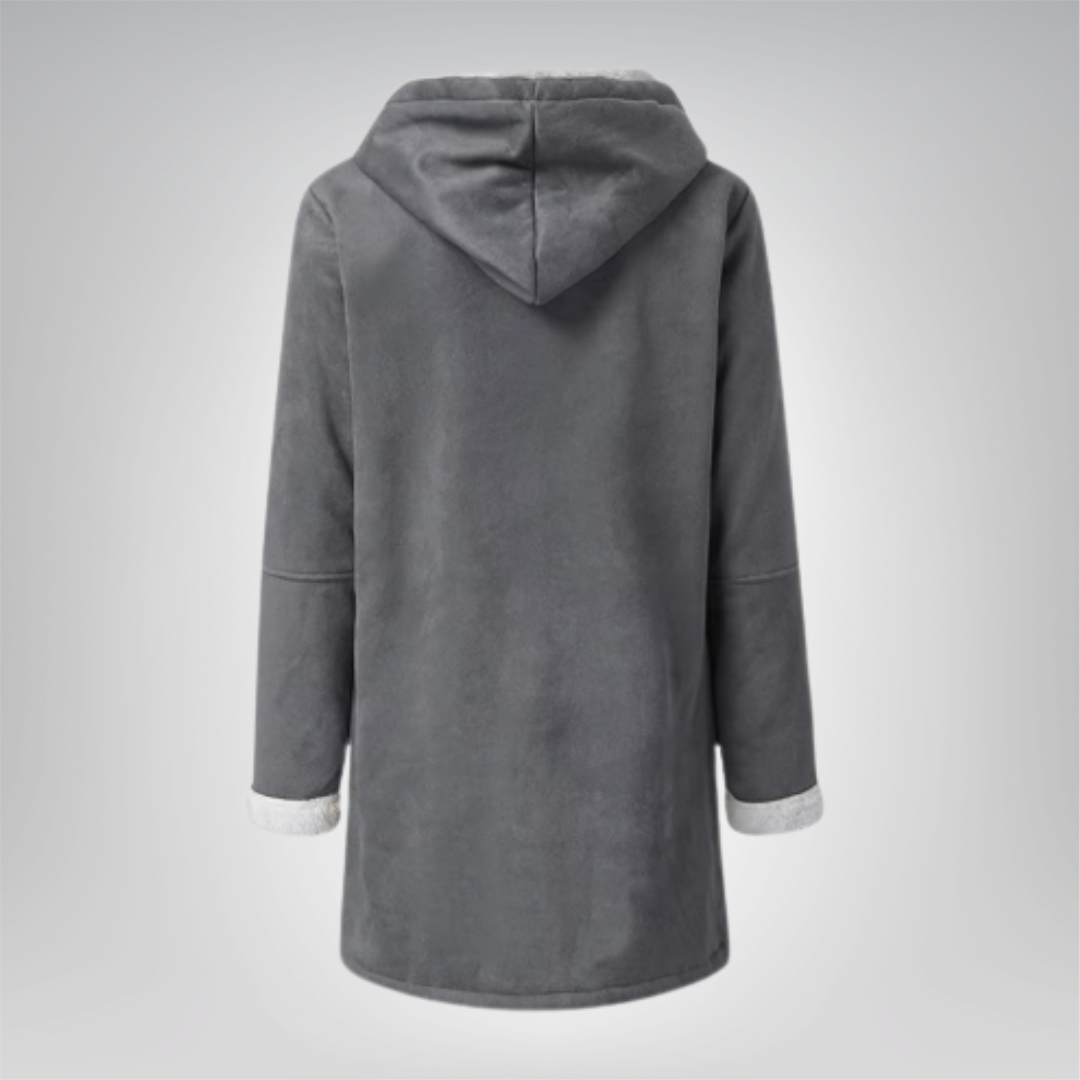 Veste longue en polaire grise avec capuche, coupe mi-longue, manches longues
